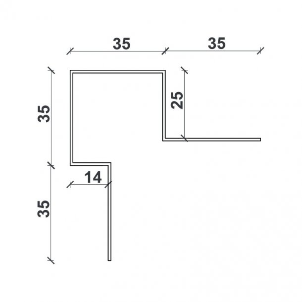 Udv. hjrneprofil asymmetrisk, hvid. Alu-profil til plank., 14 x 25 x 2500 mm.&nbsp;