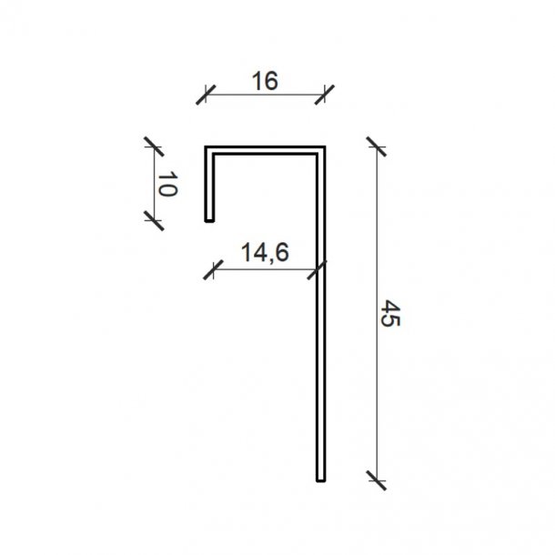 Enkel endekant, hvid. Alu-profil til plank. 16 x 45 x 2500 mm.